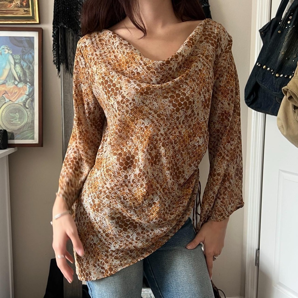 Millenium Brown Sheer Cowl Neck Side Tie Fairy Boho Long Sleeve Top Womens L